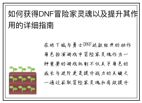 如何获得DNF冒险家灵魂以及提升其作用的详细指南